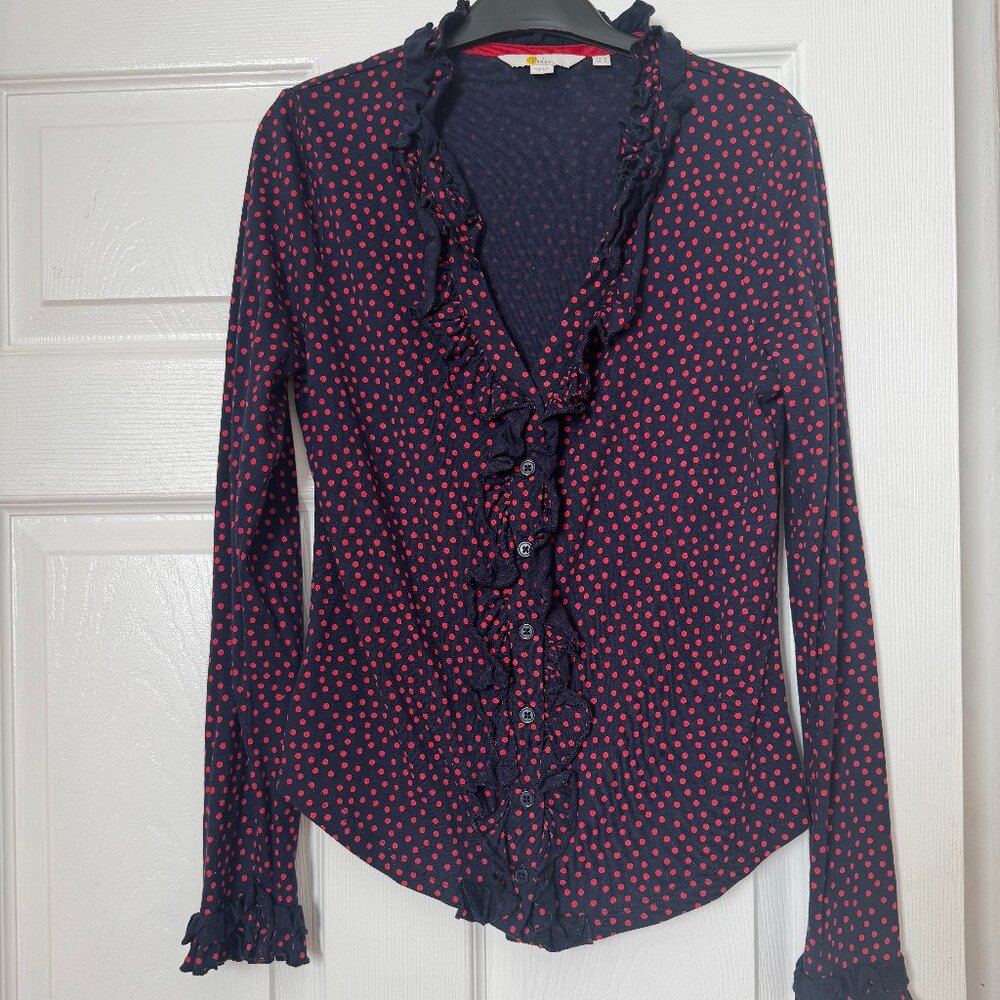 BODEN WOMEN'S LONG SLEEVED SHIRT WITH RUFFLE, SIZE 4